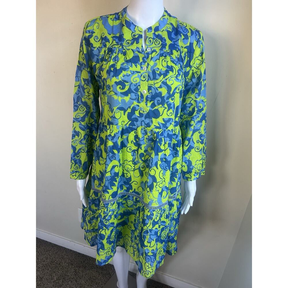 Ro’s Garden Floral Tiered Mini Dress Womens S Blue Green Boho Resort Button - Picture 3 of 14